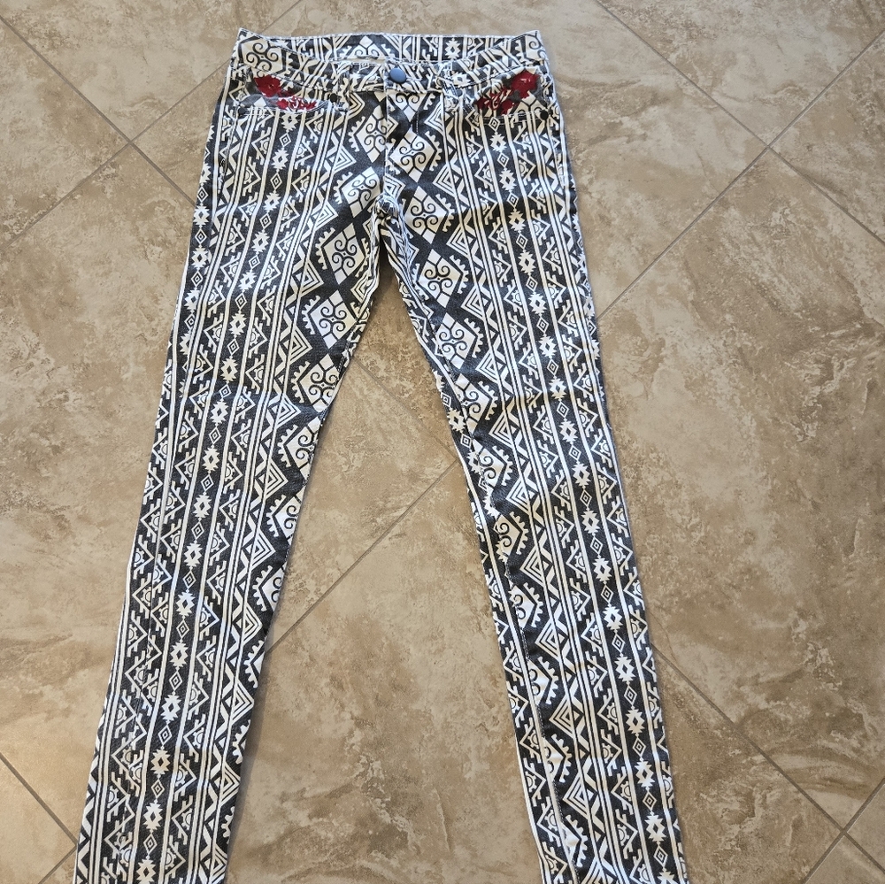 ViP tribal black and white jeans with red floral embroidery